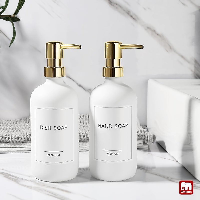 Gmisun White Soap Dispenser, 2 Pack Glass Hand Soap Dispensers Bathroom with Gold Pump, 17 Fl Oz Dish Soap Dispenser Set for Kitchen, Refillable Modern Liquid Soap and Lotion Dispensers Bottle - Image 4